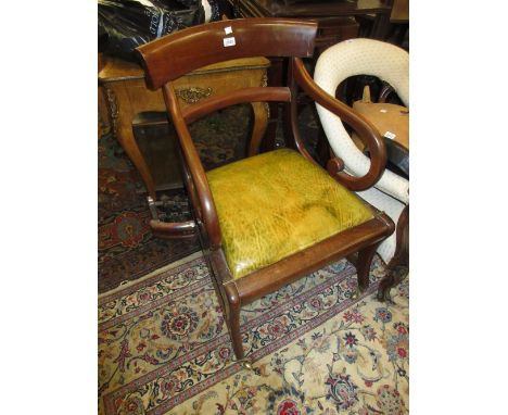 Regency mahogany metamorphic library step / elbow chair, the railback, leather seat and scroll arms raised on sabre front sup