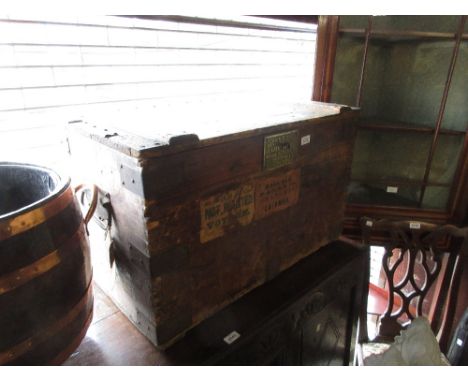 19th Century pine and tin lined metal mounted Naval Officer's trunk, the brass plaque inscribed ' Hicks and Sons, late Goy, N