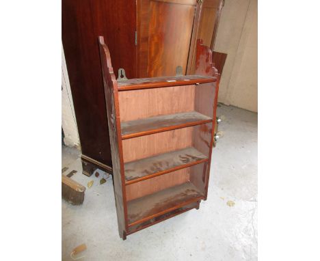 Mahogany four shelf wall bracket, small white painted two door cupboard, an antique mahogany two drawer side table, blue pain