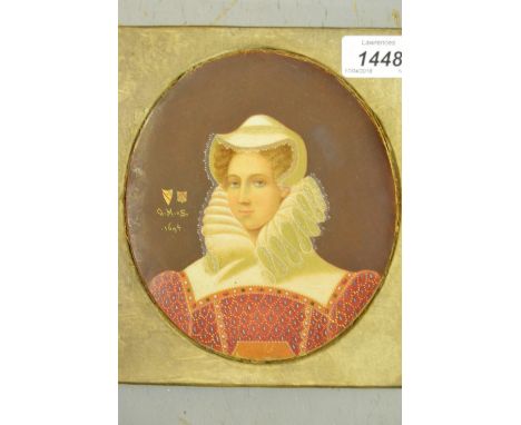 Antique oval miniature painting, portrait of an Elizabethan lady, housed in a leather covered case (case a/f)
