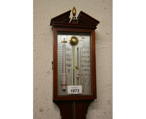 Reproduction mahogany stick barometer in antique style with silvered dial 