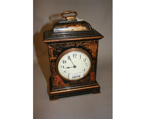Early 20th Century black chinoiserie lacquer mantel timepiece with enamel dial and Arabic numerals