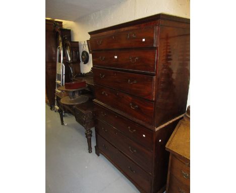 George III mahogany tallboy, the moulded cornice above seven graduated drawers with brass swan neck handles and bracket feet
