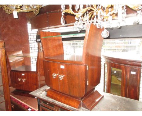 Pair of Art Deco rosewood bedside cabinets having a single glass shelf above two bow fronted doors with glass and silver plat