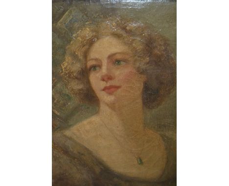 Late 19th/ early 20th Century, oil on canvas, half length portrait of a young lady in a grey painted frame, 20ins x 14ins