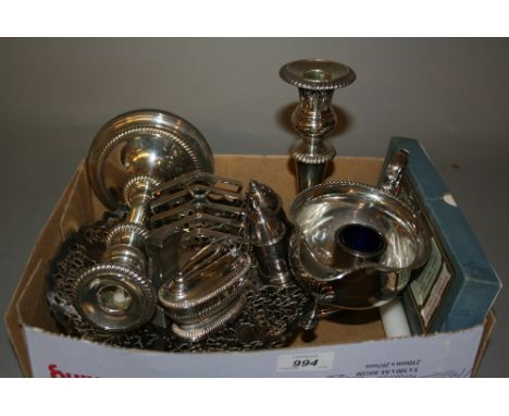 Dunhill plated table lighter, Ronson plated table lighter, pair of plated candlesticks and other miscellaneous silver plate