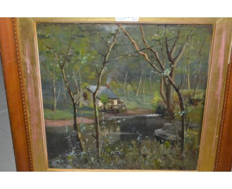 Andrew Hislop, oil on panel, view of a riverside cottage in a woodland landscape, signed, gilt framed, 11.5ins x 11.5ins