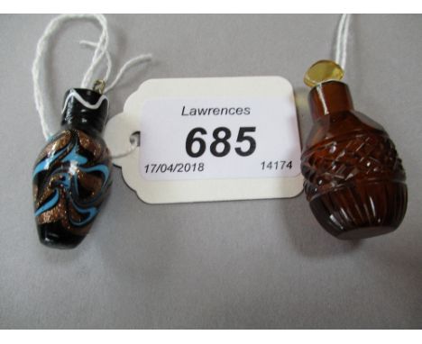 Miniature amber glass Georgian perfume bottle with glass stopper, together with a Venetian turquoise and copper decorated gla
