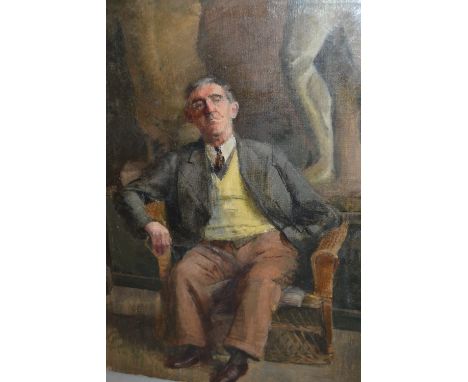 Modern British school, oil on canvas, portrait of a man seated in a sculpture gallery, unsigned, 24ins x 18ins, unframed
