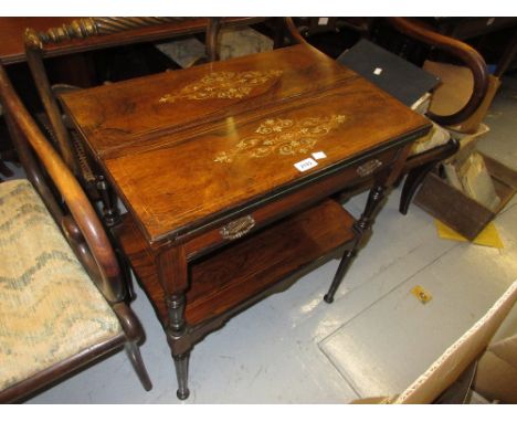 19th Century rosewood floral inlaid fold-over card table / side table with single drawer and undertier on turned tapering sup