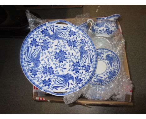 Modern Noritake blue and white teaset including teapot, sugar bowl, cream jug, cups, saucers and side plates 