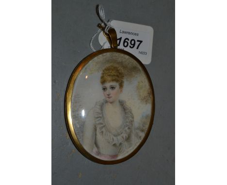 Louise Campbell Clarke, watercolour, portrait miniature on ivory of a lady wearing a white dress and pink sash, in an oval br