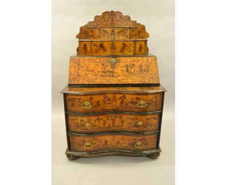 18th Century South German / North Italian walnut and marquetry bureau cabinet, the shaped superstructure with two drawers abo