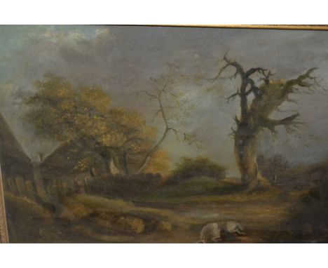 19th Century oil on wooden panel, landscape with fallen horse and rider, 10ins x 14ins, gilt framed, together with a gilt fra
