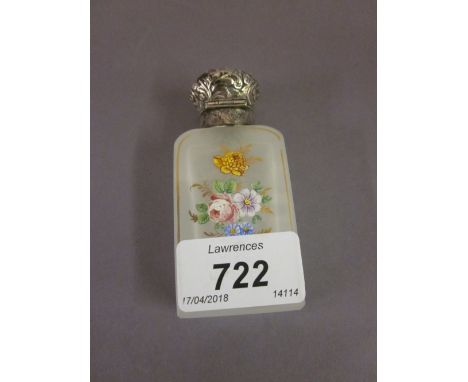 Victorian opaque glass rectangular perfume bottle with painted enamel and gilded floral decoration with a white metal mount
