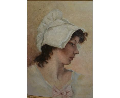 Late 19th Century oil on canvas laid on panel, head and shoulder portrait of a young lady with a white bonnet, 12.5ins x 9.5i