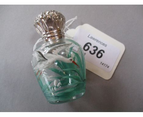 Late 19th Century enamel decorated perfume bottle decorated with bird and green foliage with an ornate white metal stopper, 5