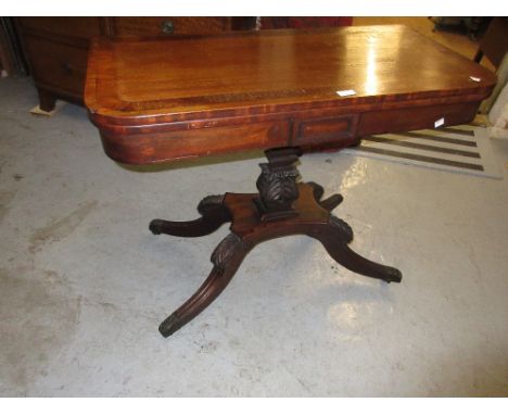 Good quality George IV mahogany and crossbanded rectangular fold-over card table on a carved quadruped base