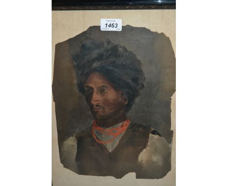 Indian school, oil on paper fragment, portrait of a gentleman with a red coral necklace