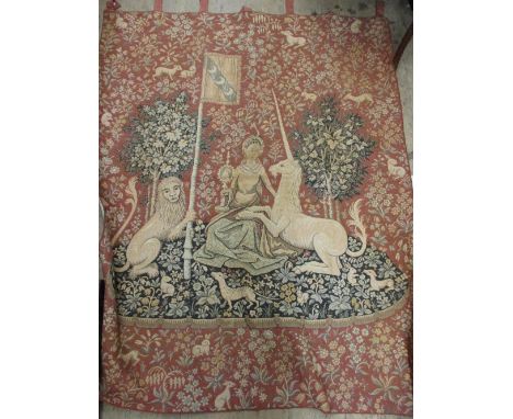 Machine woven tapestry panel with red ground
