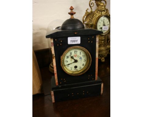 19th Century French black slate single train mantel clock, together with a 1930's two train oak cased mantel clock