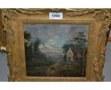 Pair of 18th / 19th Century oils on panel, English rural landscapes with figures and horse drawn cart, both 7ins x 8ins