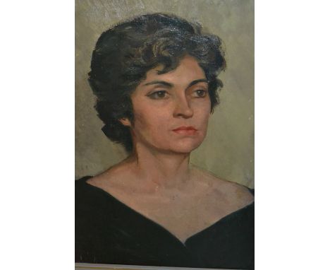 Mid 20th Century oil on board, head and shoulder portrait of a lady wearing a black dress, unsigned, 19ins x 15ins 