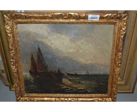 19th Century oil on canvas, seascape with trawler, unsigned, 11.5ins x 13.5ins, gilt framed