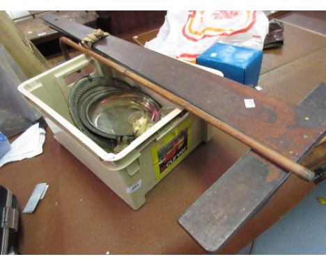 Two boxes containing a quantity of miscellaneous items including a Stanley boxwood elliptograph, ruler, other tools, an oil l