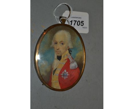 Watercolour, portrait miniature of an 18th Century gentleman, wearing military uniform, 3.5ins x 2.75ins, in an oval brass pe
