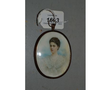 H. Nicholson, watercolour, portrait miniature of a lady wearing a white dress, engraved to a plaque verso, ' Pamela, Youngest