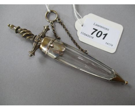 Unusual dagger shaped faceted glass scent bottle with silver plated mounts and attached chain and ring