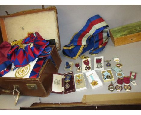 Box containing a quantity of various Masonic related items for South Wales Eastern Division including:  bags, sash, a leather