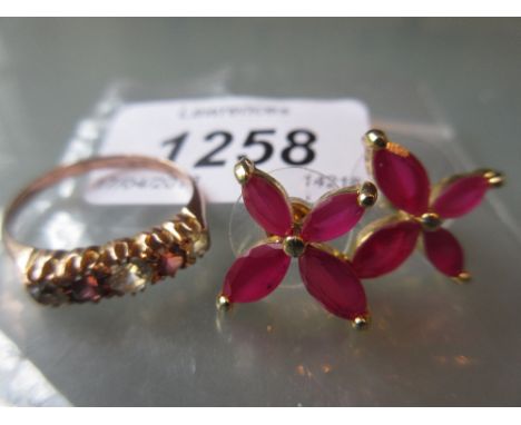 Pair of Indian metal ruby set stud earrings together with a 9ct gold dress ring