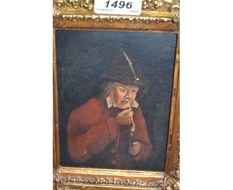 Early 19th Century oil on panel, portrait of a Dutch gentleman lighting a clay pipe, 6ins x 4.5ins