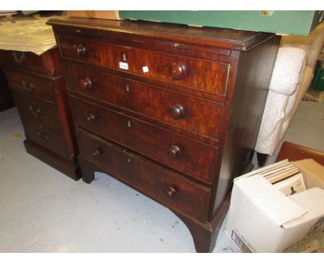 George III mahogany and crossbanded dwarf chest with a brushing slide above four graduated drawers with knob handles, raised 