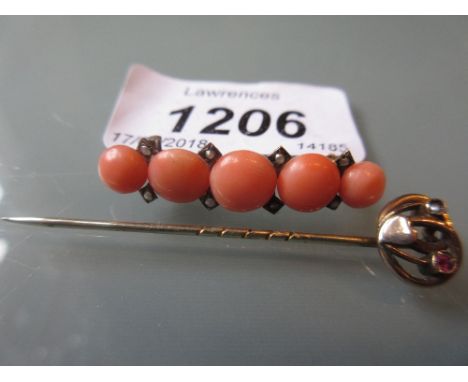 Coral and split seed pearl mounted bar brooch together with a small stick pin set with split seed pearl and ruby