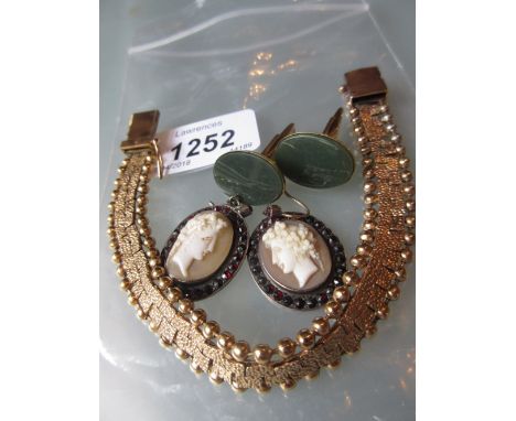 Gold plated ' I Love You ' bracelet, pair of cameo pendant earrings and a pair of 9ct gold mounted cufflinks
