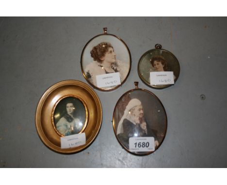 Oval copper mounted photographic portrait miniature of Queen Victoria together with three other photographic portrait miniatu