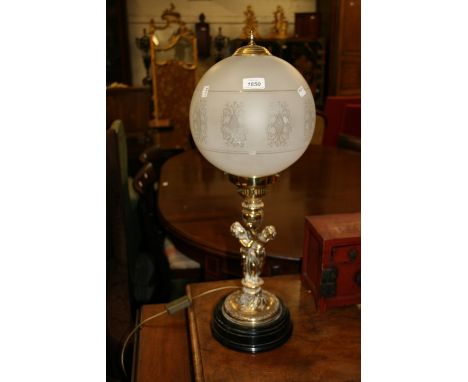 Reproduction brass table lamp with frosted shade, the column in the form of two cherubs 