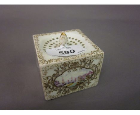 Small Meissen type sander of rectangular form, painted with small vignettes of figures on quaysides, 6cms wide