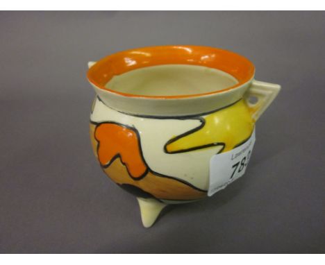Clarice Cliff, small two handled pottery cauldron painted with a red roof cottage (restored)