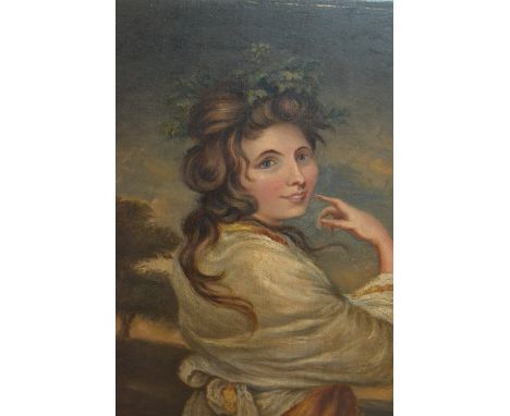 19th Century oil on oak panel, portrait of a young lady wearing a white shawl in a landscape, unframed, 10ins x 8ins