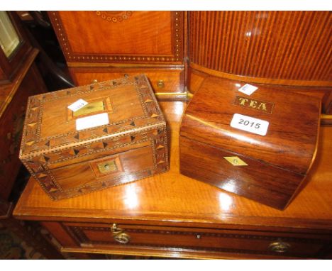 Small 19th Century rosewood tea caddy together with a small parquetry inlaid work box