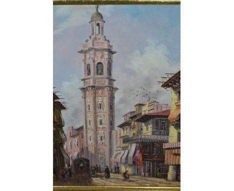 Hermann, pair of 20th Century oils on panel, Continental street scenes with figures and vehicles before churches, signed, 11i