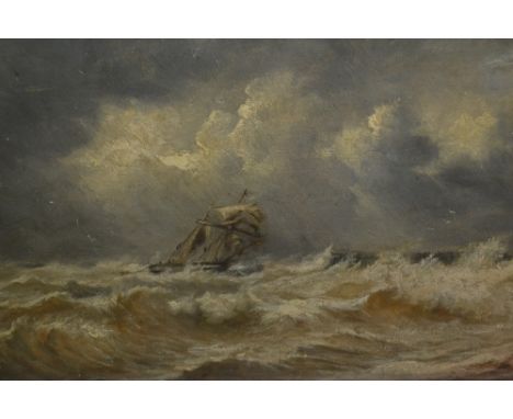 Oil on panel, a two masted sailing vessel in choppy seas, 10ins x 16ins together with an unframed watercolour, coastal scene 