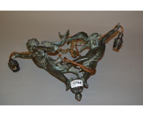 Dark patinated bronze cherub form hanging lamp
