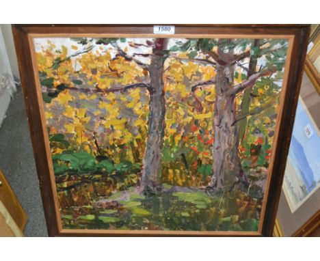 Russian school oil, autumnal landscape, signed verso, framed together with an oil, portrait of a young man, sighned in Cyrill