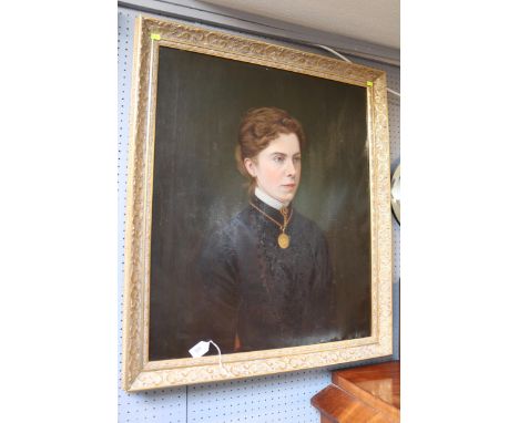 19thC Oil on canvas portrait of a young woman in mourning dress unsigned. 62 x 75cm in late gilt frame 