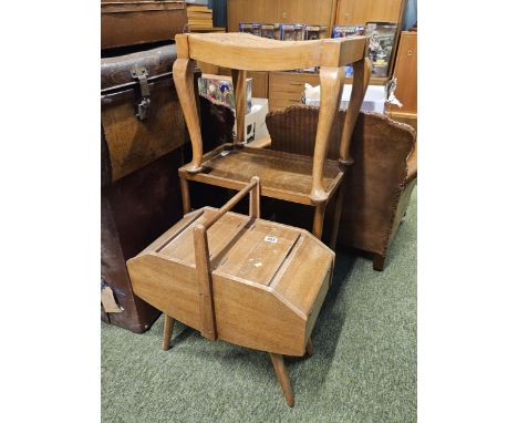 Mid Century Sewing box, Buffet trolley and a Caned stool on cabriole legs 